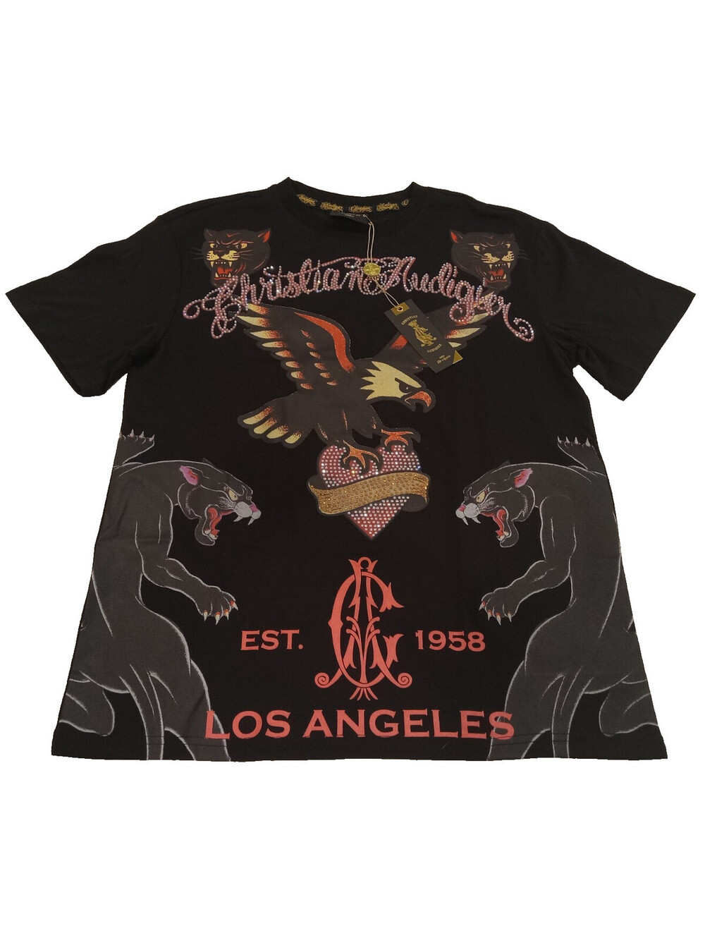 Christian Audigier Shirt Mens Small Black Rhinestone Panther Eagle Graphic Y2K S